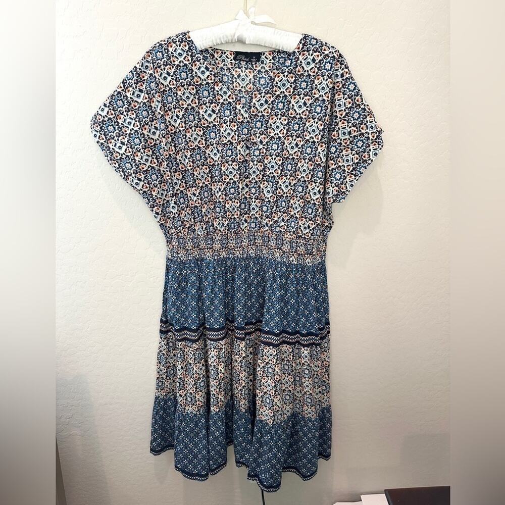 PHOOL | Plus Size Boho Blue Orange Geometric Print Midi Dress | Size 1X